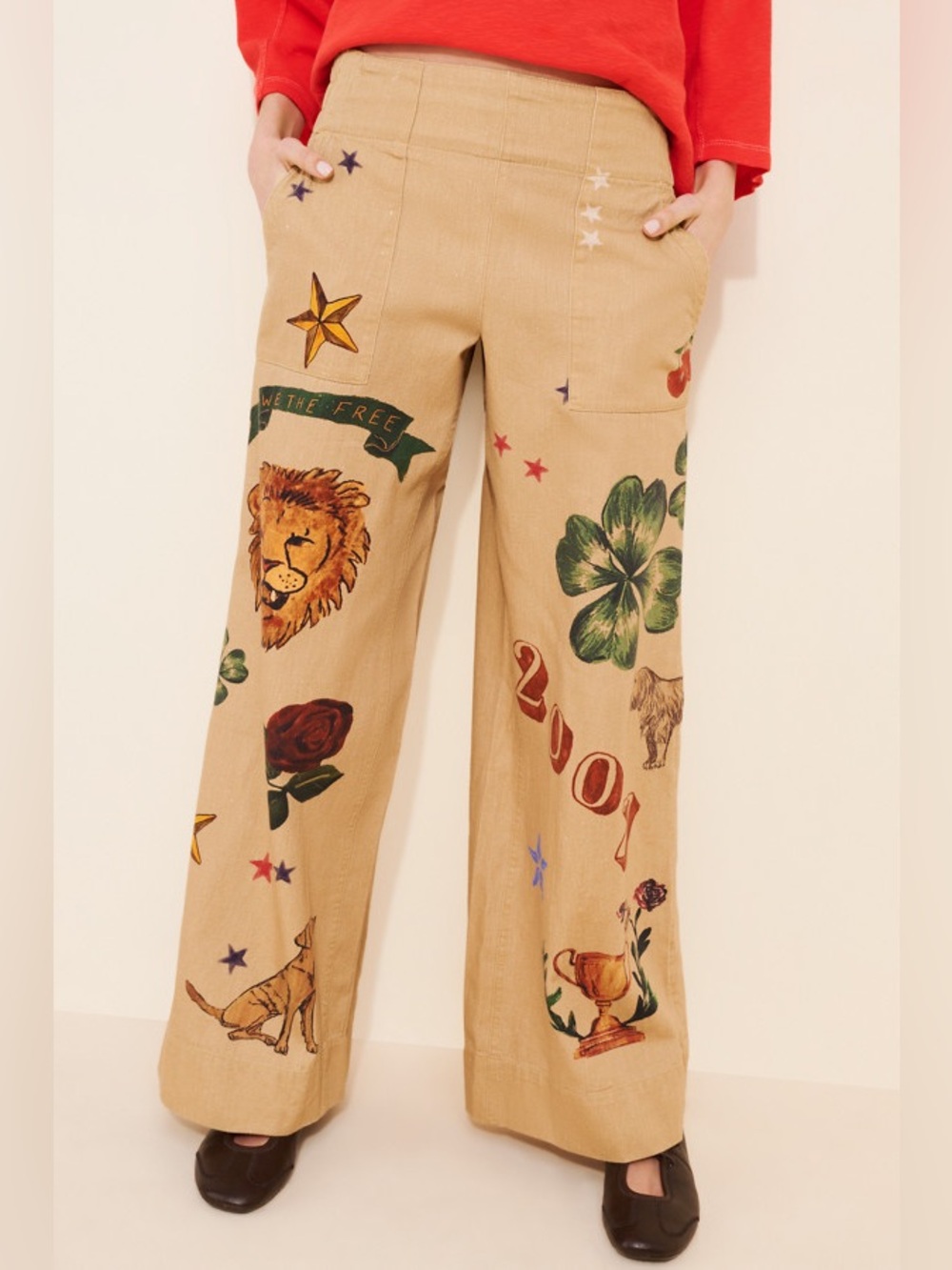 Free People Breezy Printed Denim Pull On Jeans Beige Artsy Large Wide Leg Pants